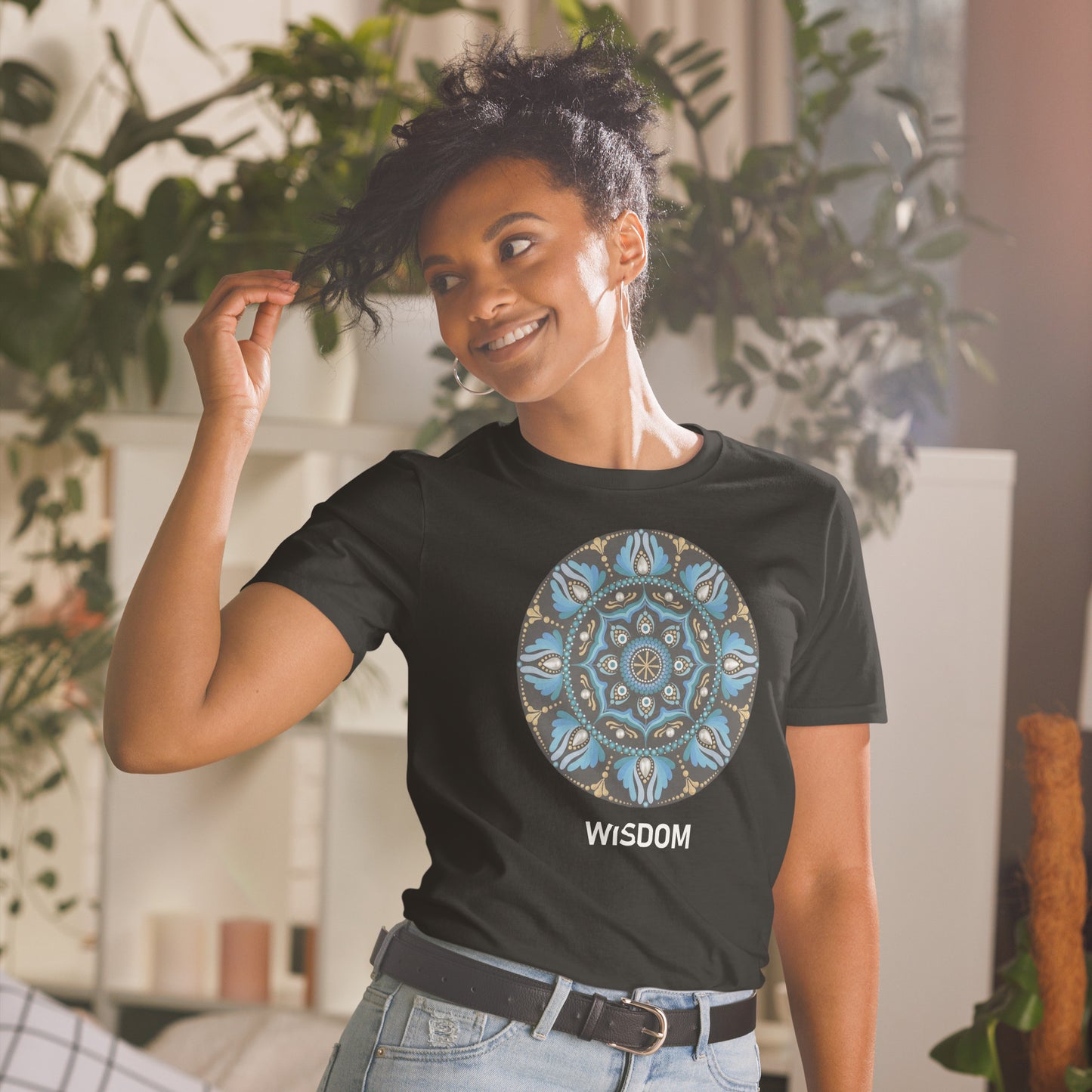 Unisex Softstyle T-Shirt (mandala with spokes in core on front | WISDOM in white lettering)
