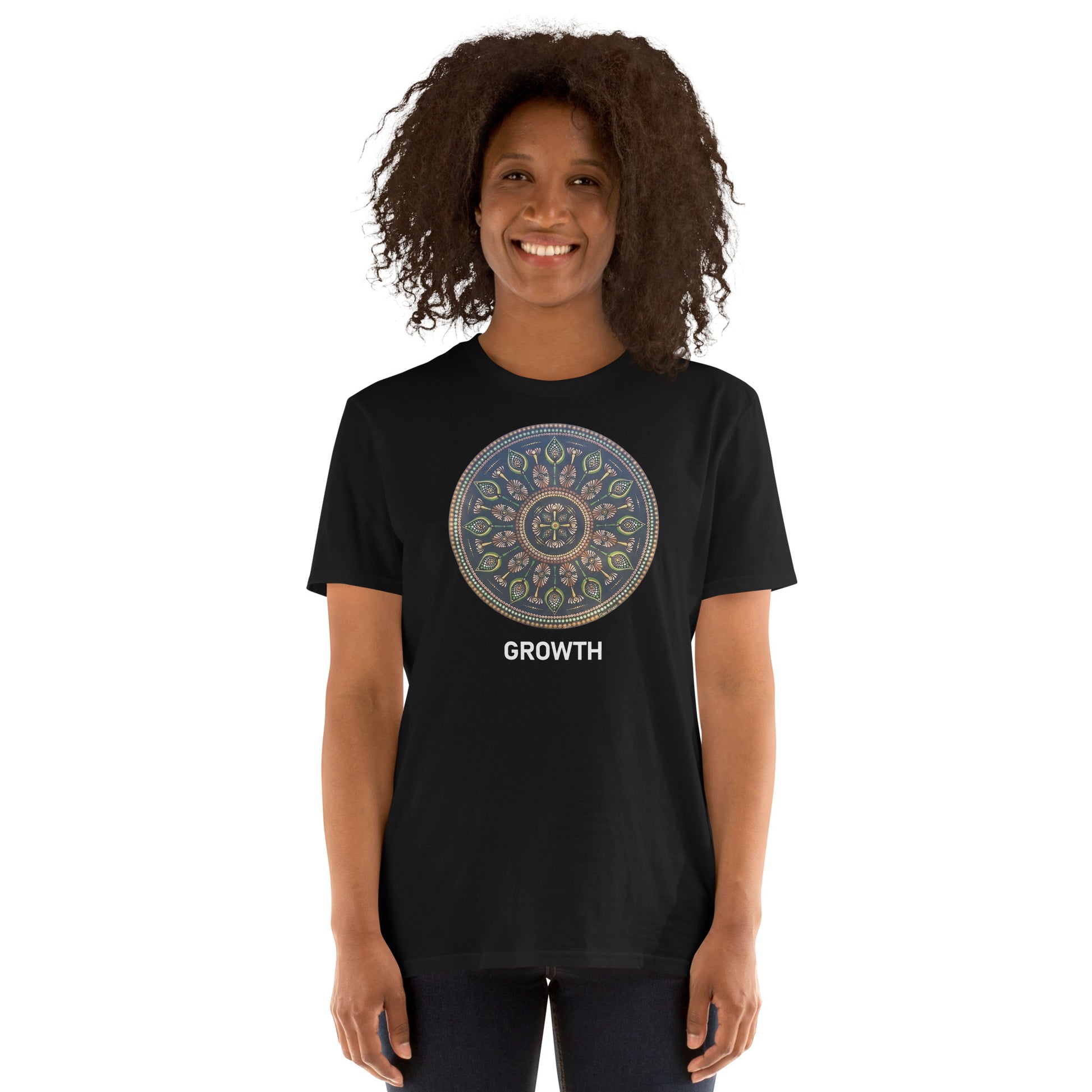 Unisex Softstyle T-Shirt (mandala with cross at the core on front | GROWTH in white lettering)