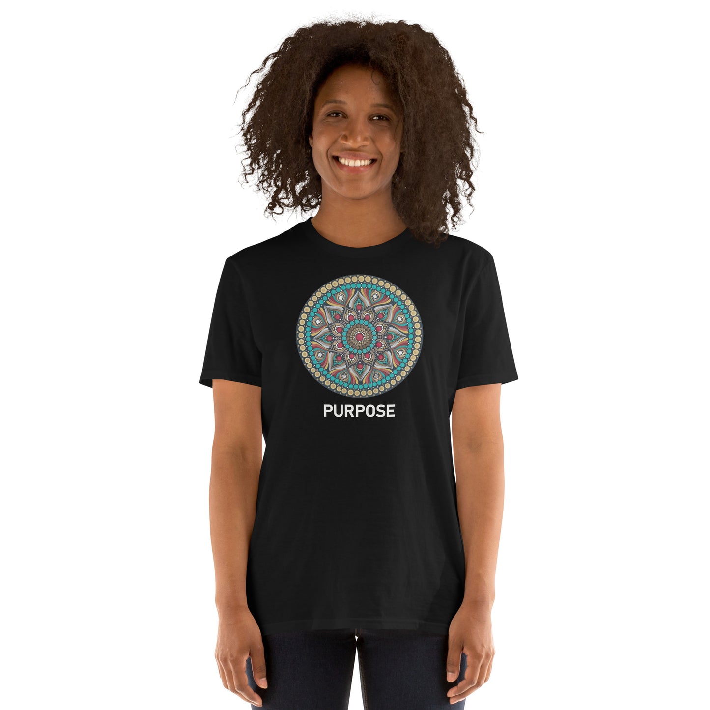 Unisex Softstyle T-Shirt (mandala with red core on front | PURPOSE in white lettering)