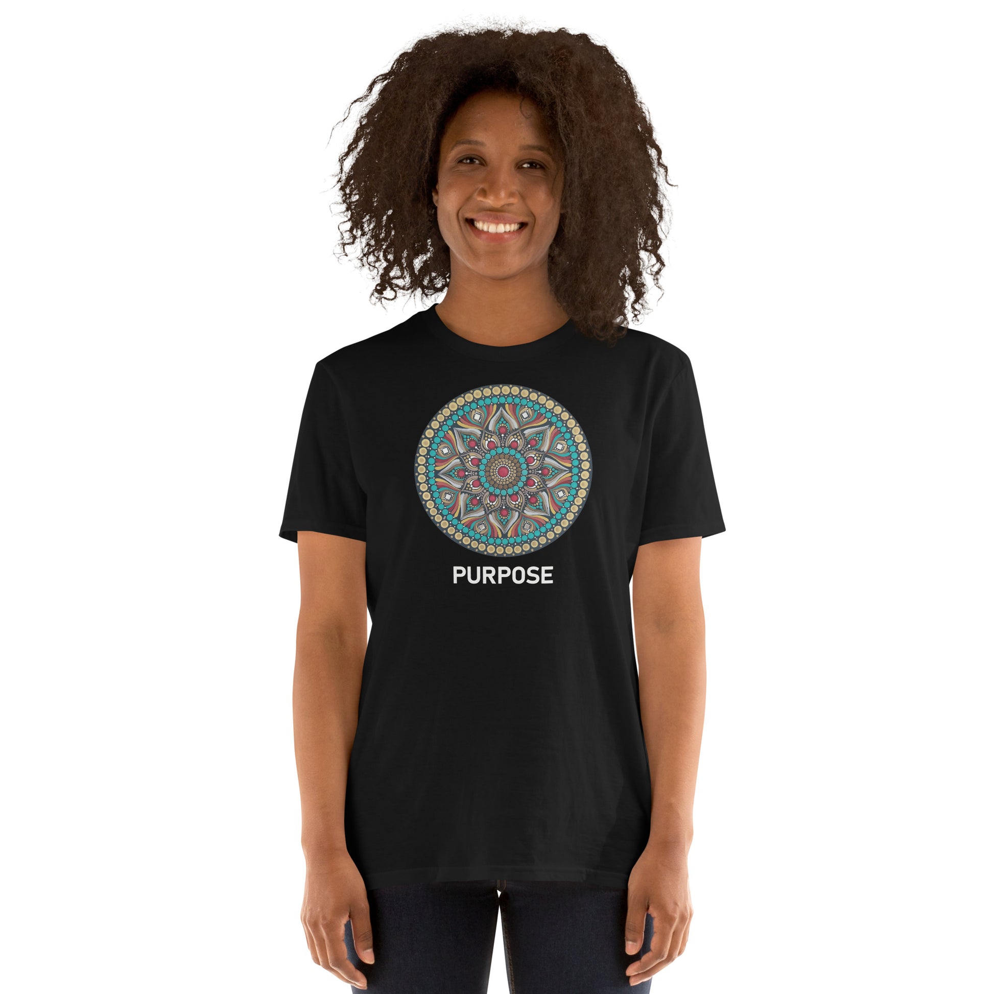 Unisex Softstyle T-Shirt (mandala with red core on front | PURPOSE in white lettering)