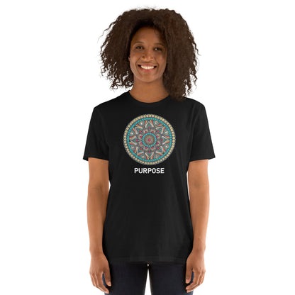 Unisex Softstyle T-Shirt (mandala with red core on front | PURPOSE in white lettering)