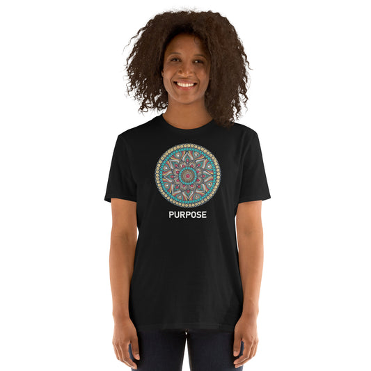 Unisex Softstyle T-Shirt (mandala with red core on front | PURPOSE in white lettering)