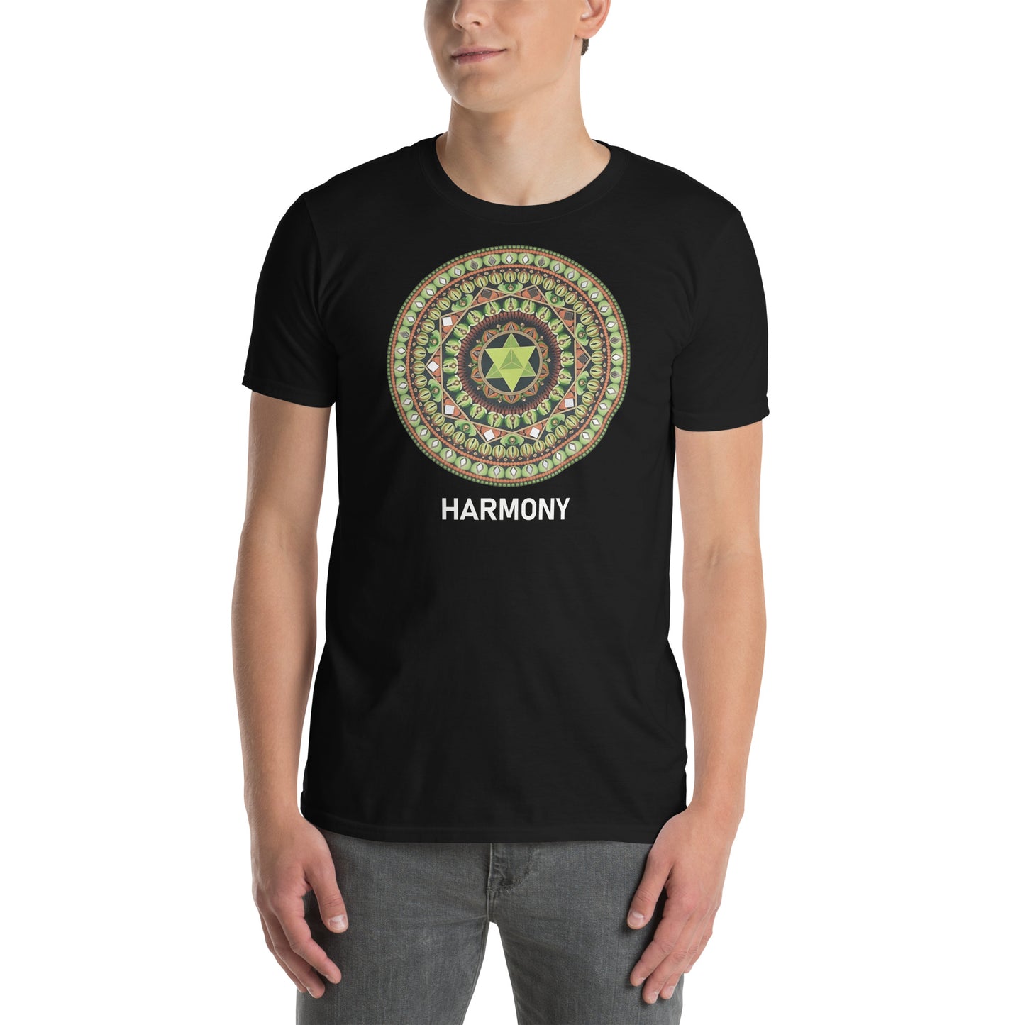Unisex Softstyle T-Shirt (mandala with green star | on front | HARMONY in white lettering)
