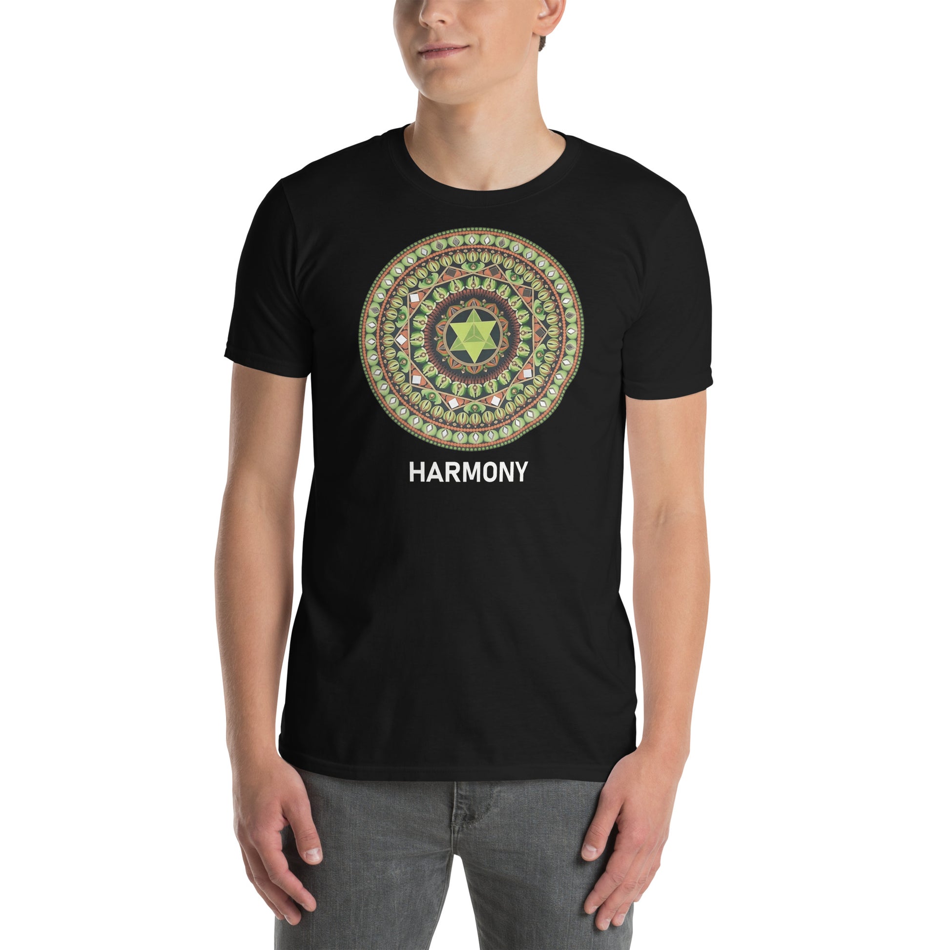 Unisex Softstyle T-Shirt (mandala with green star | on front | HARMONY in white lettering)