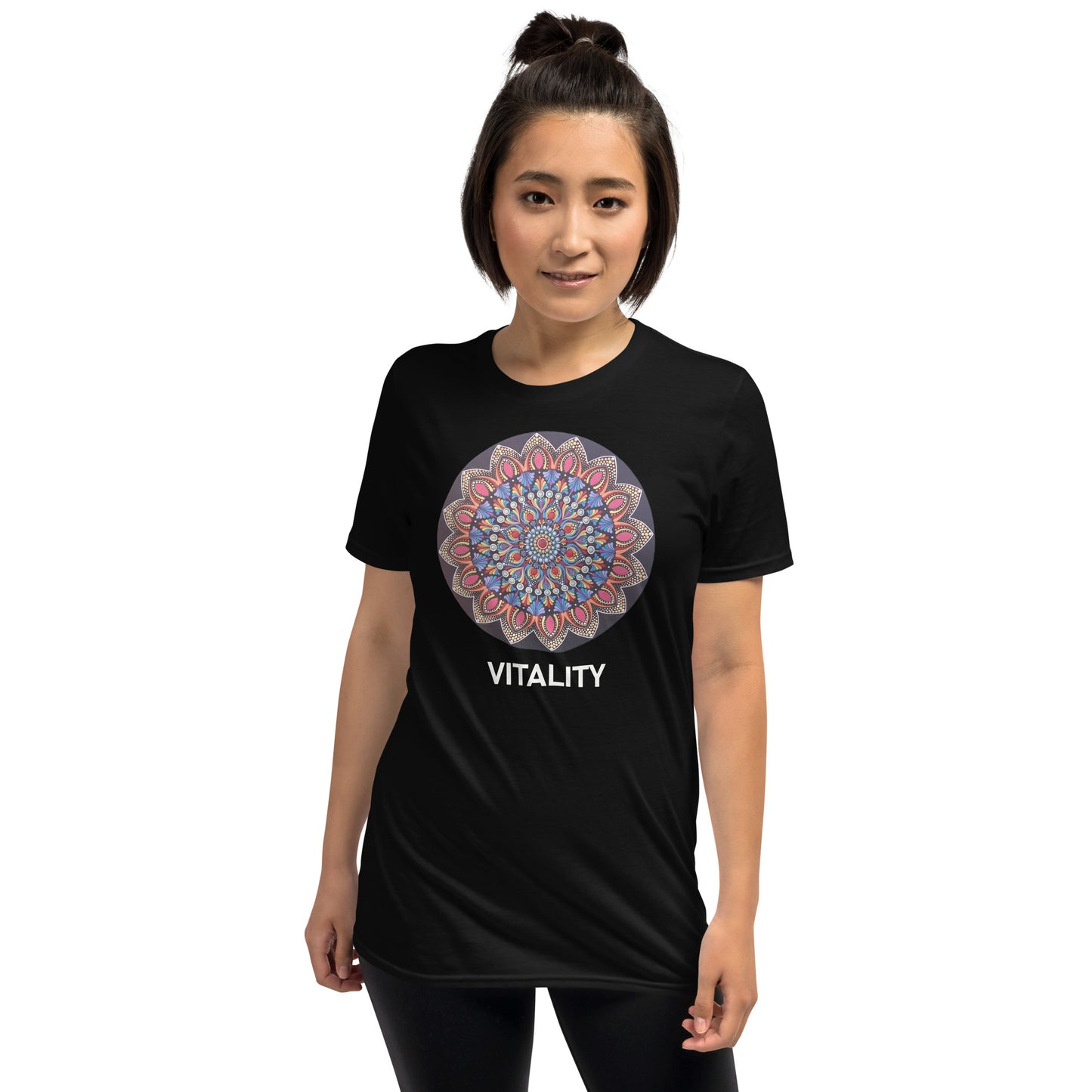 Unisex Softstyle T-Shirt (mandala with pink petals | on front | VITALITY in white lettering)