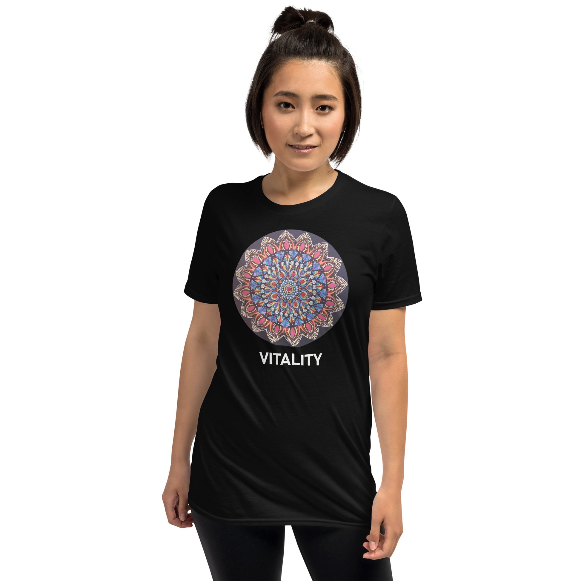 Unisex Softstyle T-Shirt (mandala with pink petals | on front | VITALITY in white lettering)
