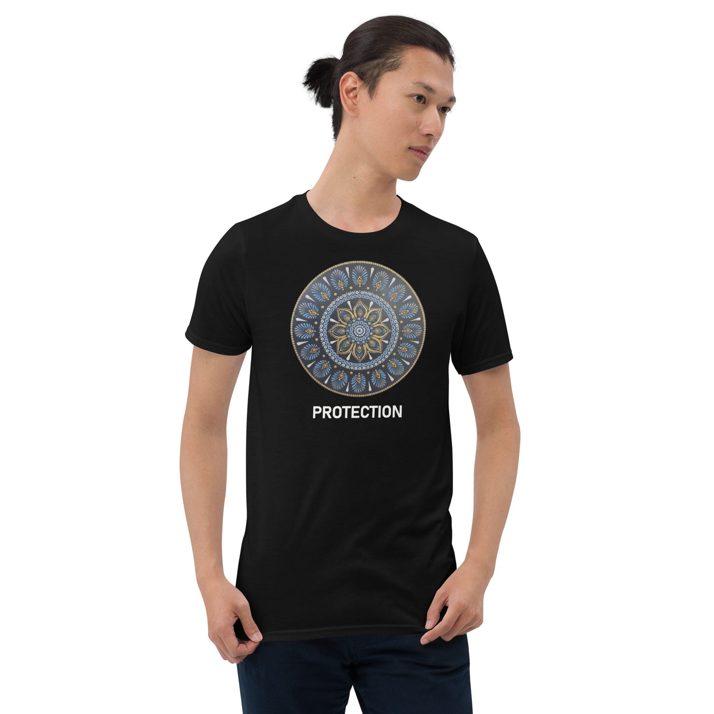 Unisex Softstyle T-Shirt (mandala with gold outer rim | on front | PROTECTION in white lettering)