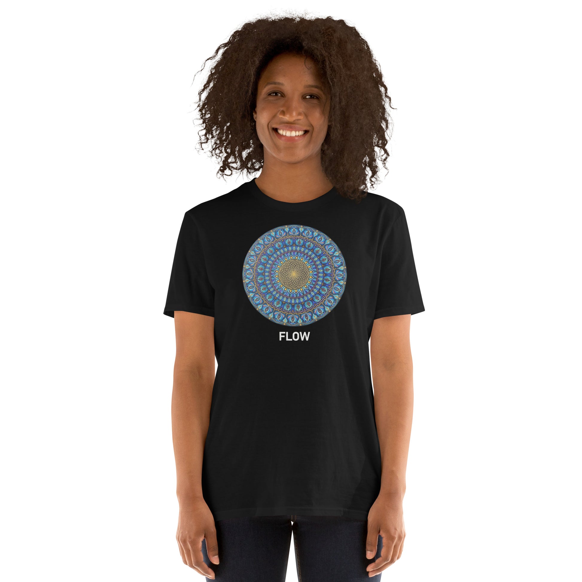 Unisex Softstyle T-Shirt (mandala with golden core | on front | FLOW in white lettering)