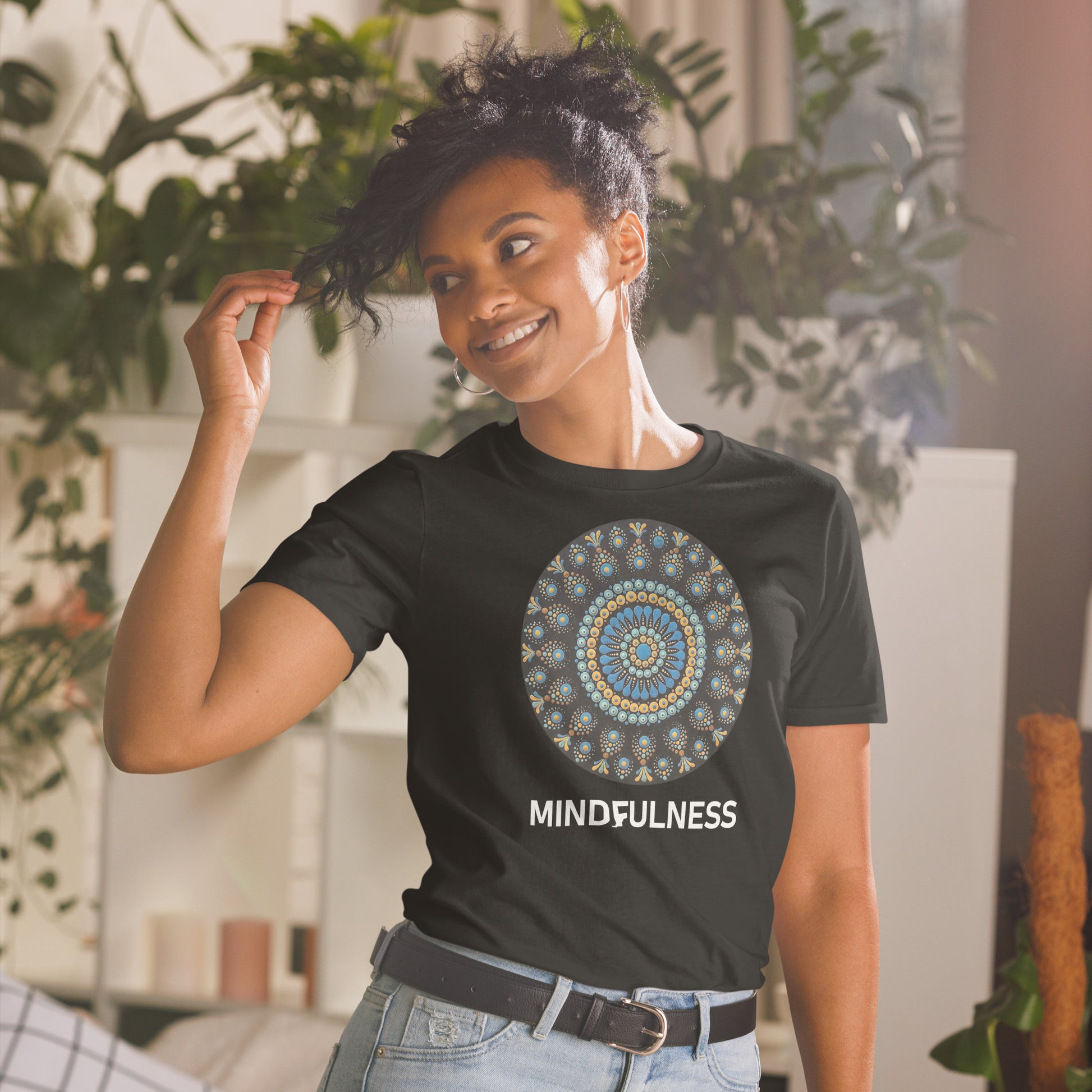 Unisex Softstyle T-Shirt (mandala with blue dots and black back | on front | MINDFULNESS in white lettering)