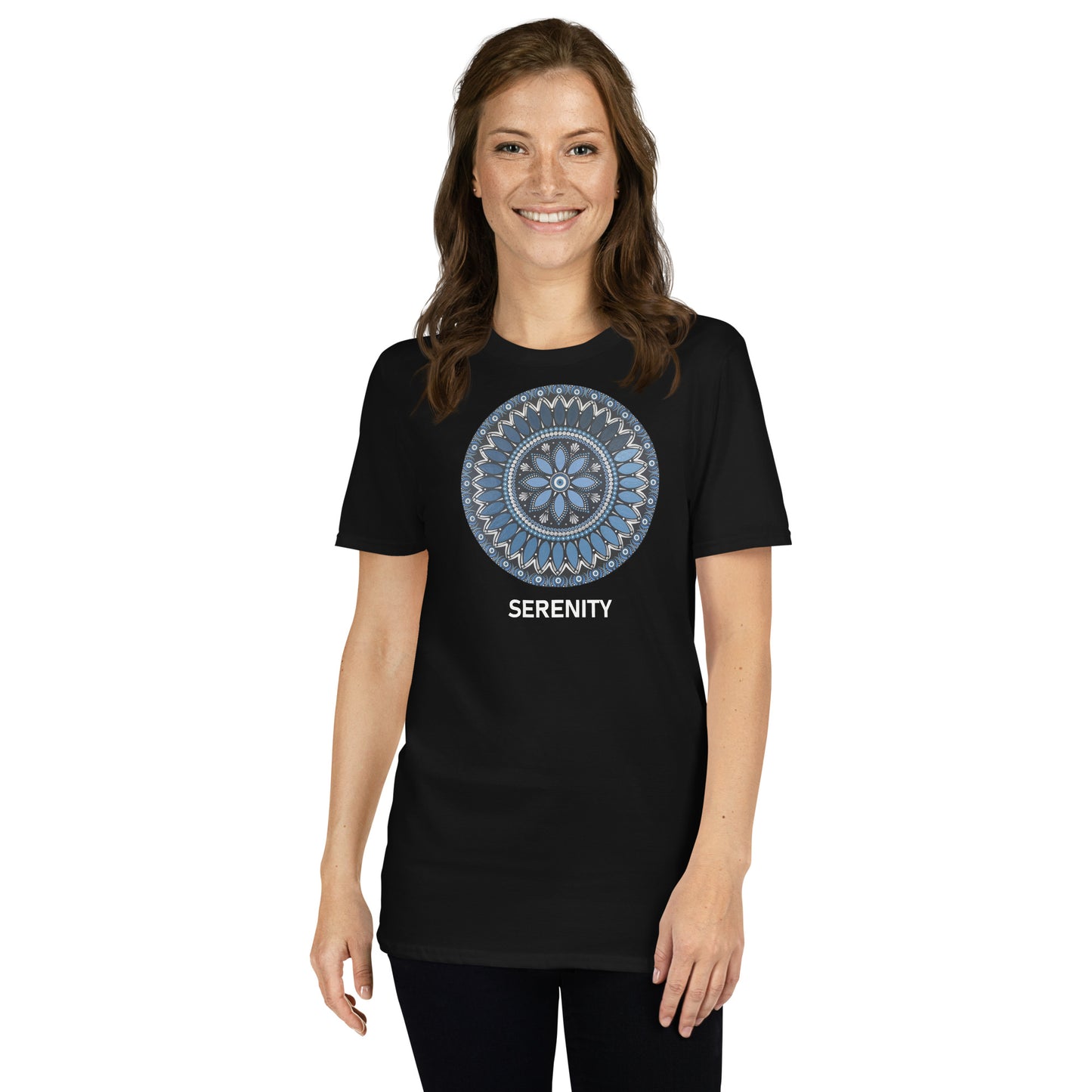 Unisex Softstyle T-Shirt (mandala with blue and white core | on front | SERENITY in white lettering)
