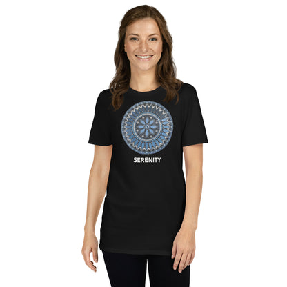 Unisex Softstyle T-Shirt (mandala with blue and white core | on front | SERENITY in white lettering)