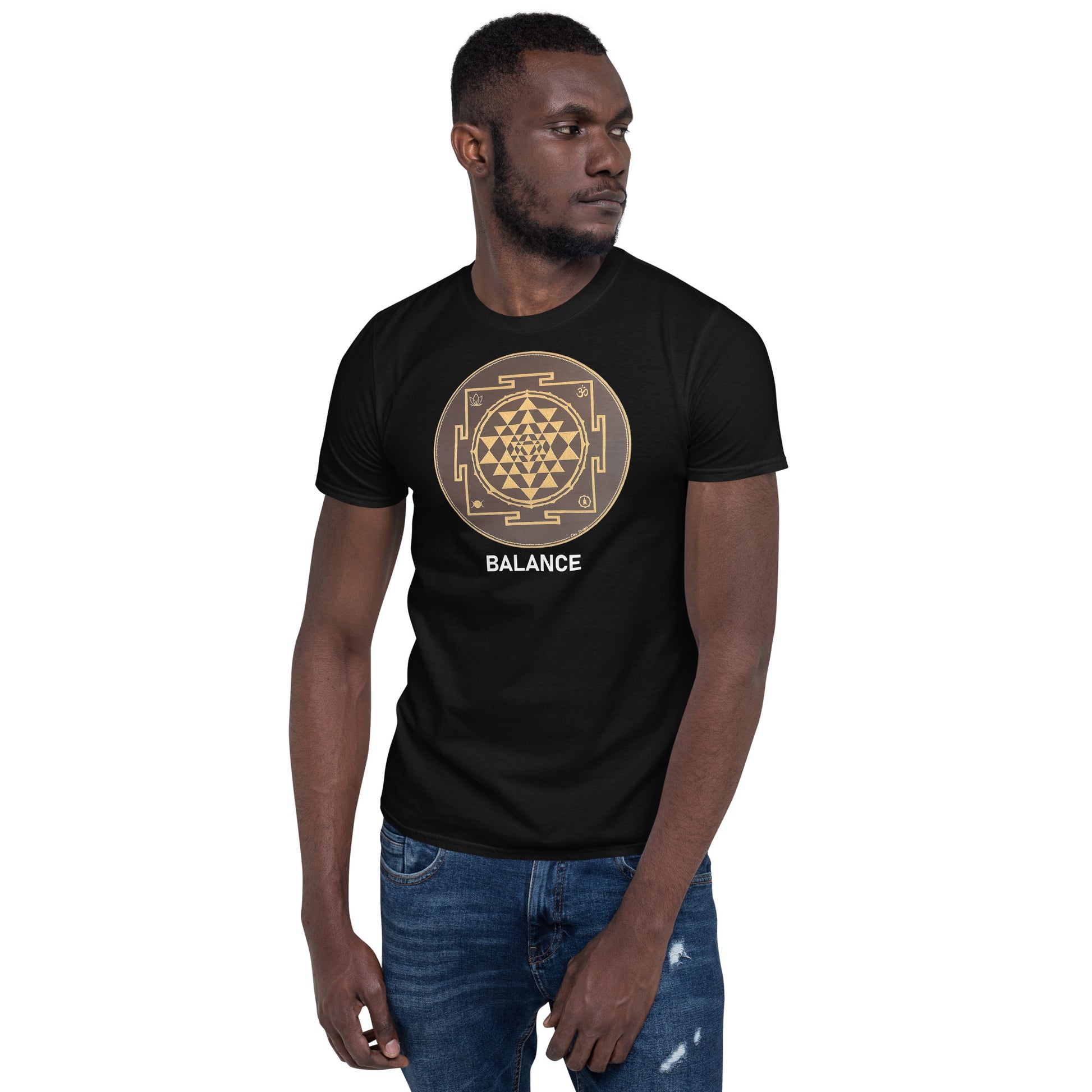 Unisex Softstyle T-Shirt (brown and gold mandala | on front | BALANCE in white lettering)