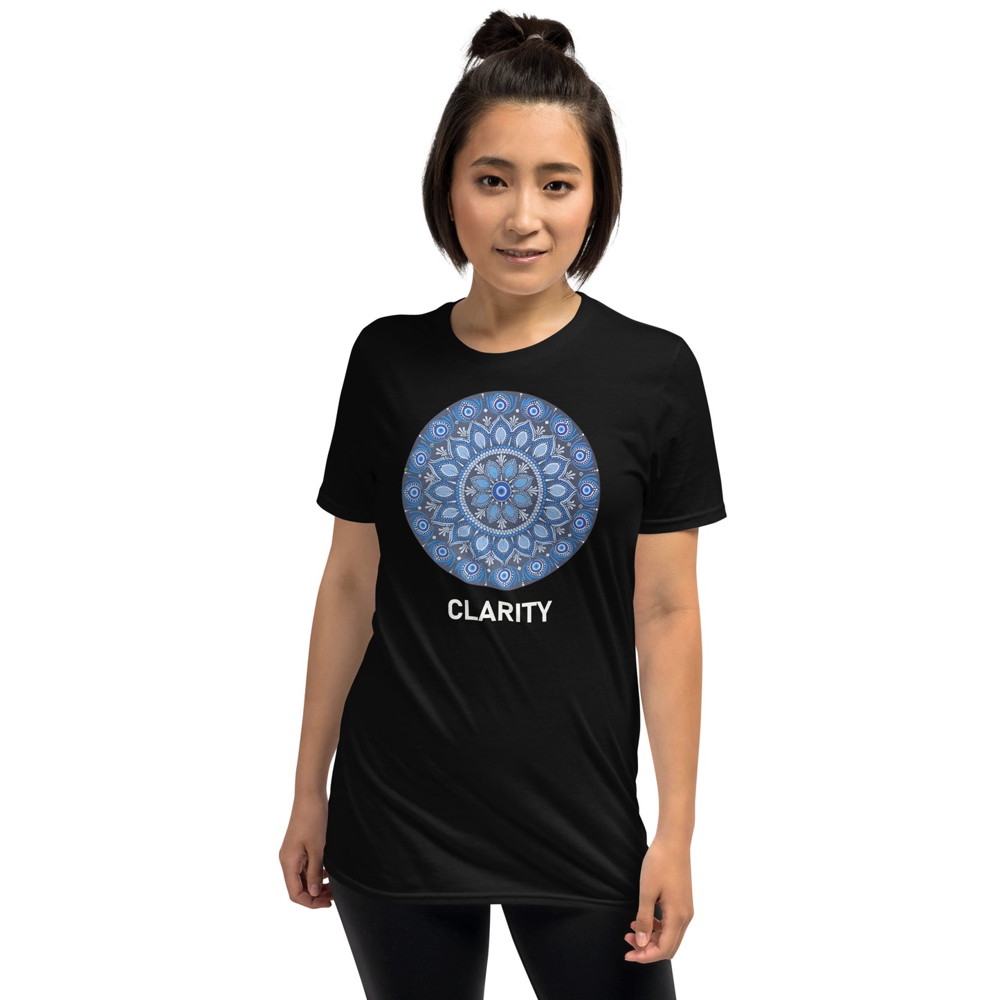 Unisex Softstyle T-Shirt (all blue mandala | on front | CLARITY in white lettering)