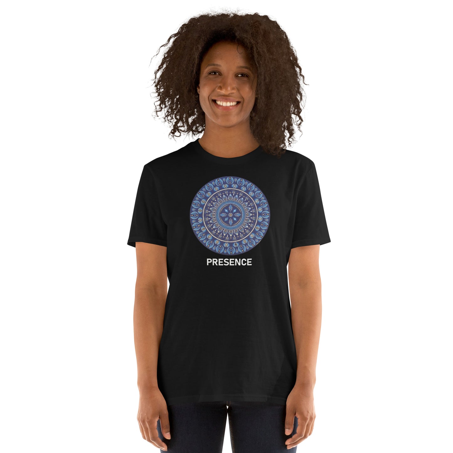 Unisex Softstyle T-Shirt (mandala with 4 diamonds | on front | PRESENCE in white lettering)