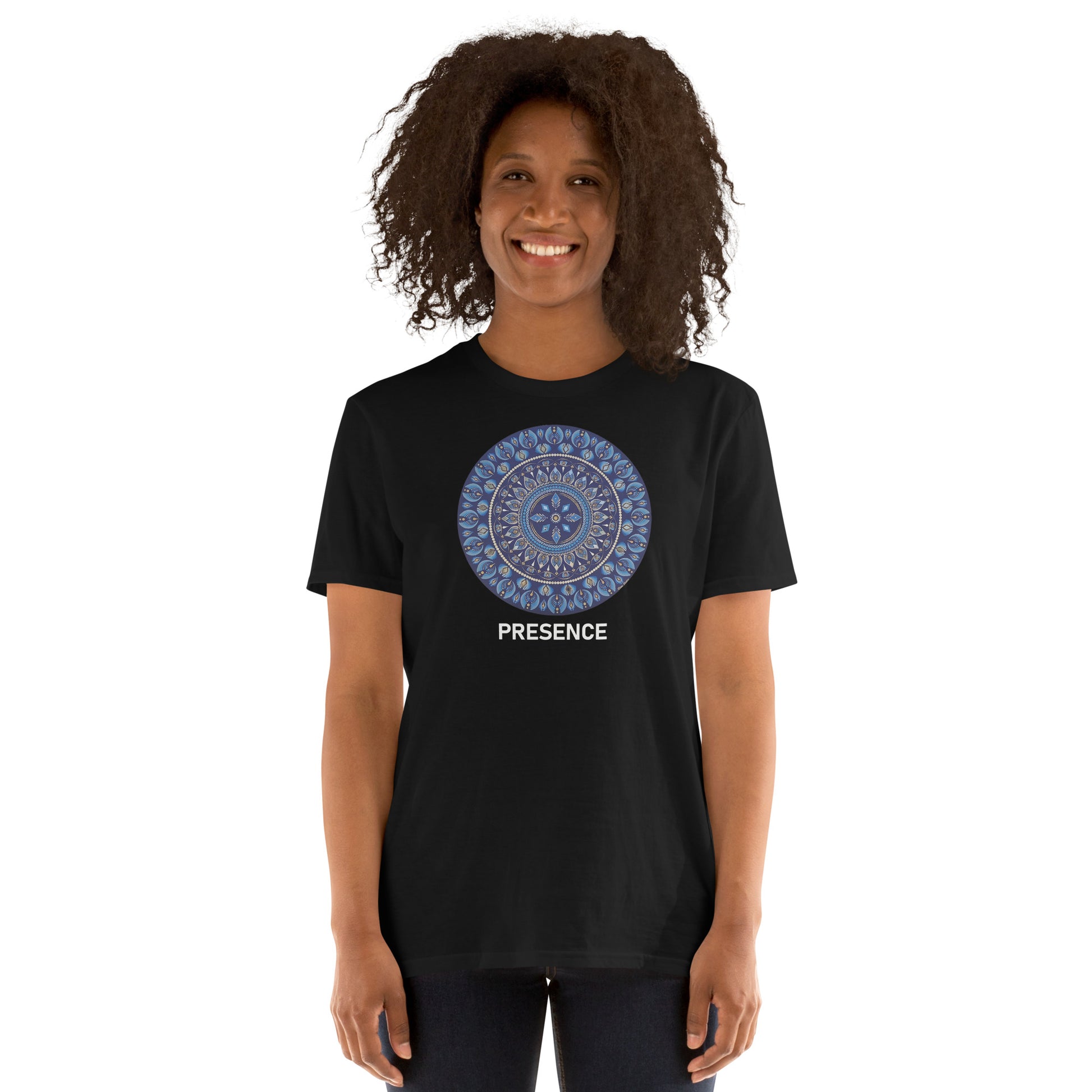 Unisex Softstyle T-Shirt (mandala with 4 diamonds | on front | PRESENCE in white lettering)