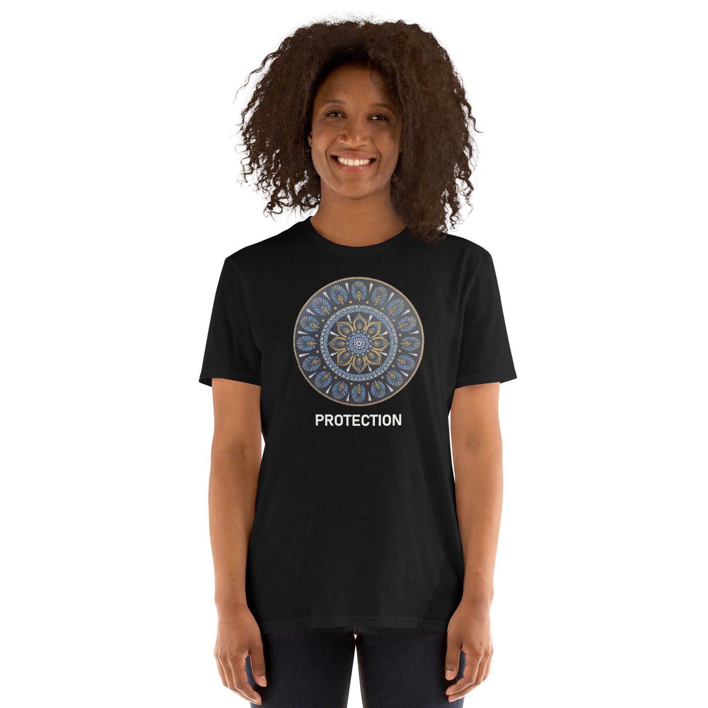 Unisex Softstyle T-Shirt (mandala with gold rim | on front | PROTECTION in white lettering)