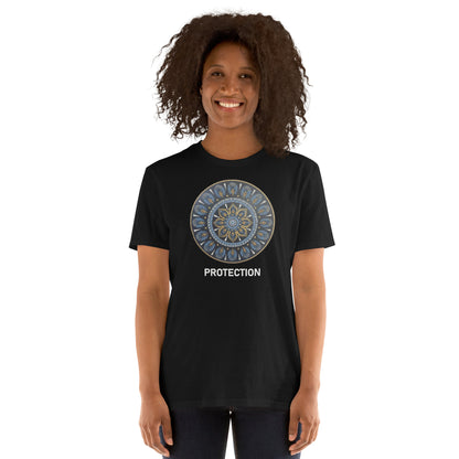 Unisex Softstyle T-Shirt (mandala with gold rim | on front | PROTECTION in white lettering)
