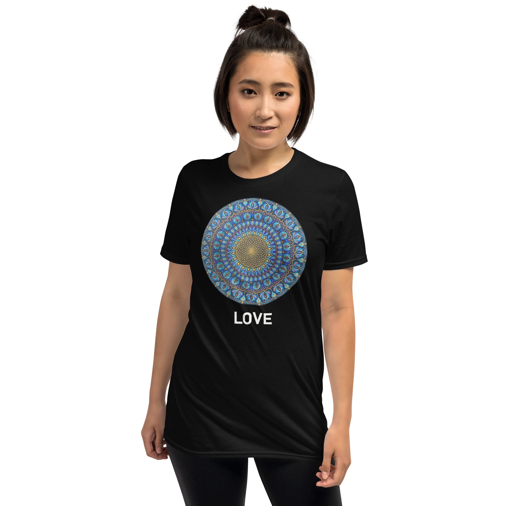 Unisex Softstyle T-Shirt (mandala with golden core | on front | LOVE in white lettering)