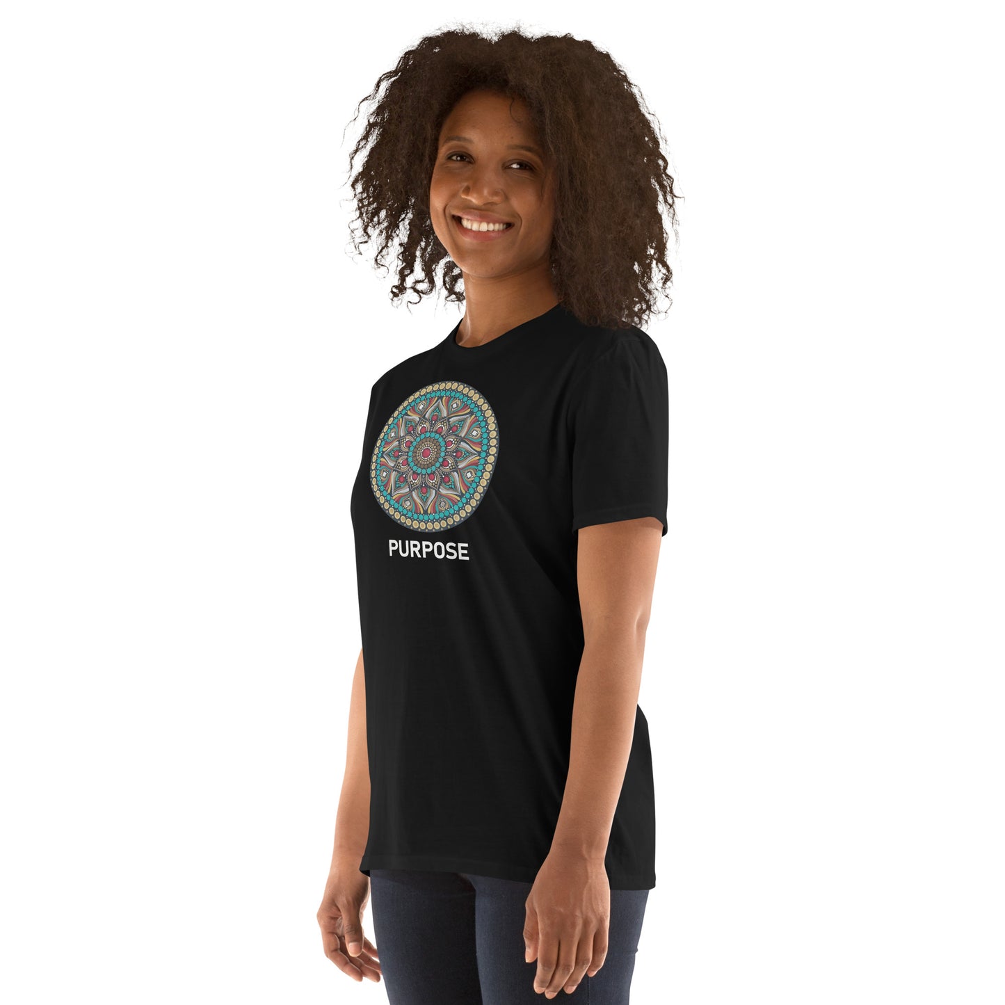 Unisex Softstyle T-Shirt (mandala with red core on front | PURPOSE in white lettering)