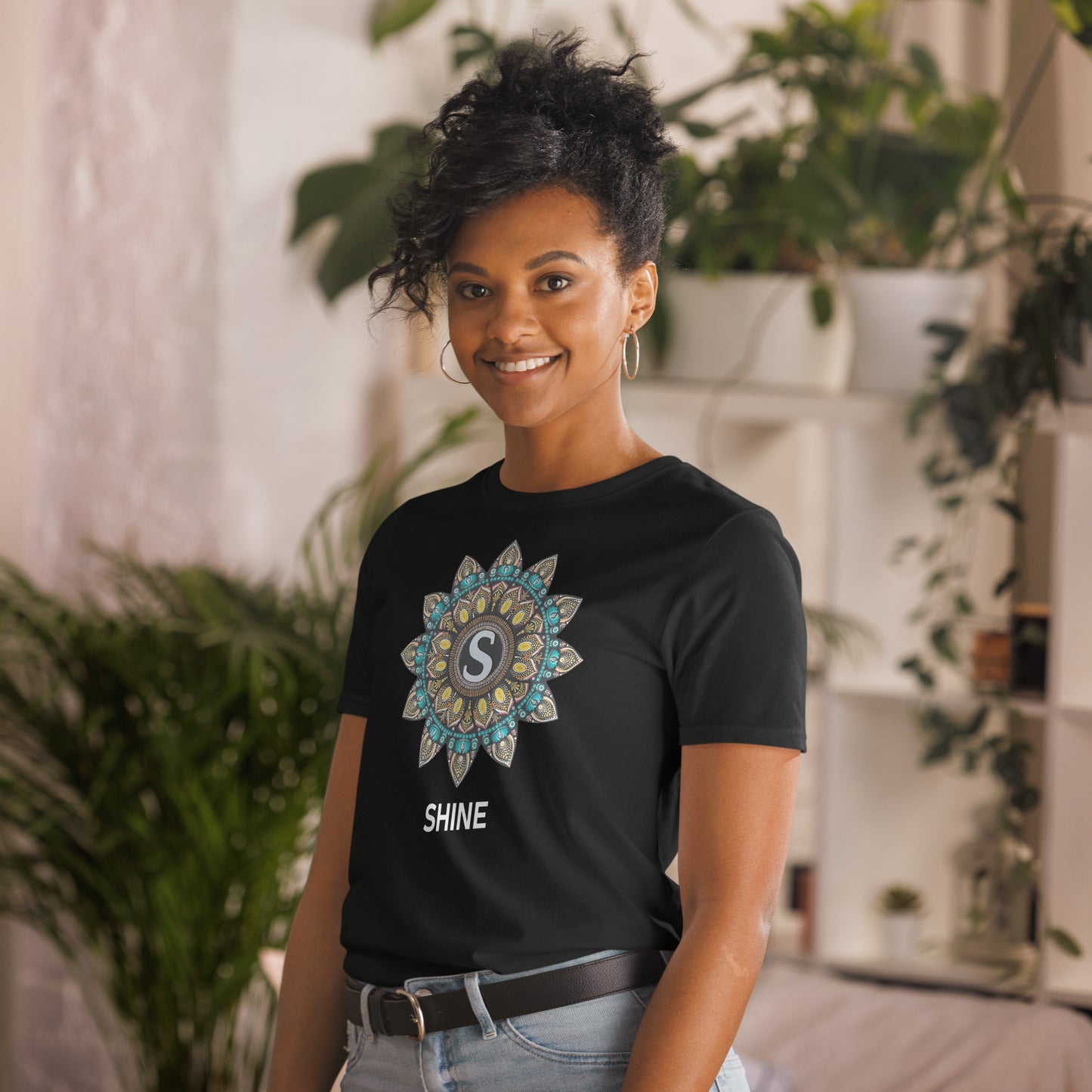 Unisex Softstyle T-Shirt (mandala with S in core | on front | SHINE in white lettering)