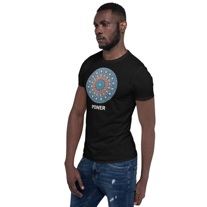 Unisex Softstyle T-Shirt (mandala with red lines | on front | POWER in white lettering)