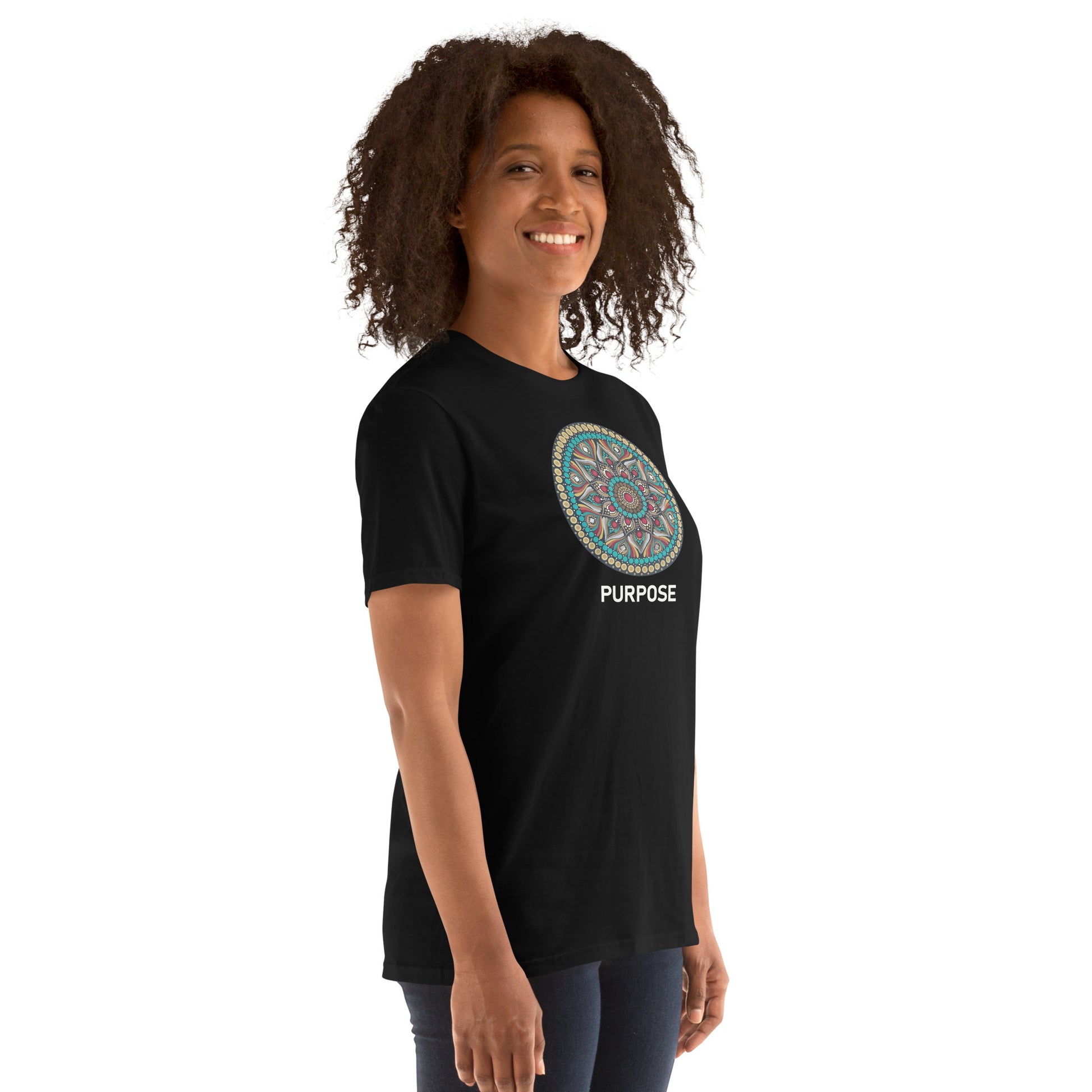 Unisex Softstyle T-Shirt (mandala with red core on front | PURPOSE in white lettering)