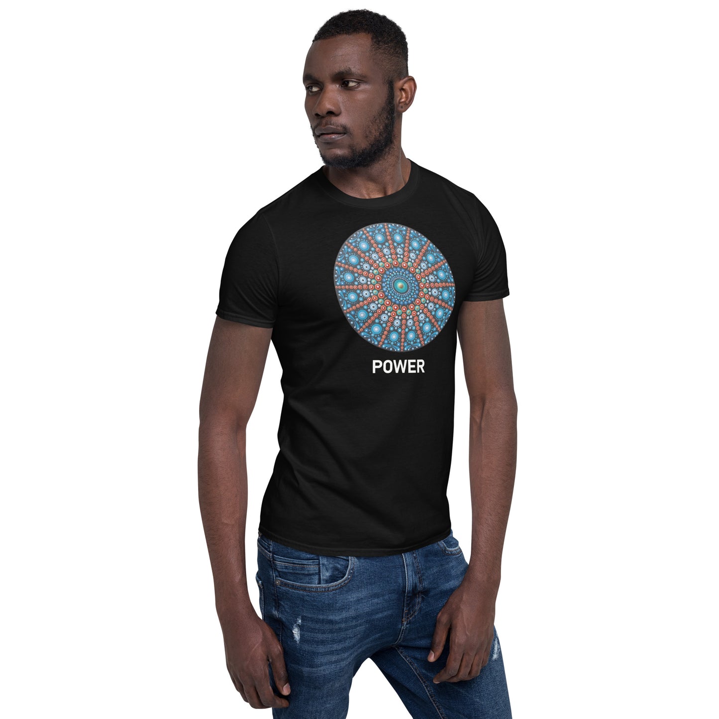 Unisex Softstyle T-Shirt (mandala with red lines | on front | POWER in white lettering)
