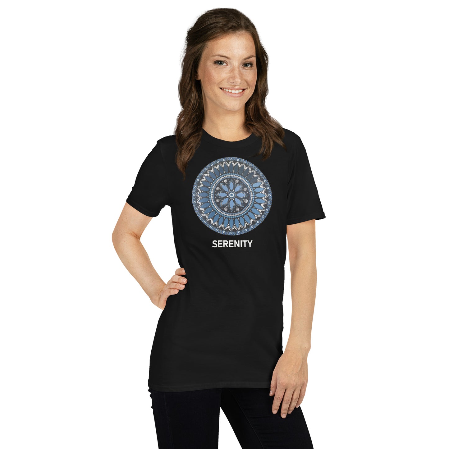 Unisex Softstyle T-Shirt (mandala with blue and white core | on front | SERENITY in white lettering)