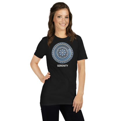 Unisex Softstyle T-Shirt (mandala with blue and white core | on front | SERENITY in white lettering)