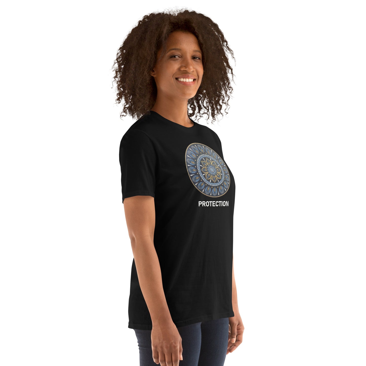 Unisex Softstyle T-Shirt (mandala with gold rim | on front | PROTECTION in white lettering)