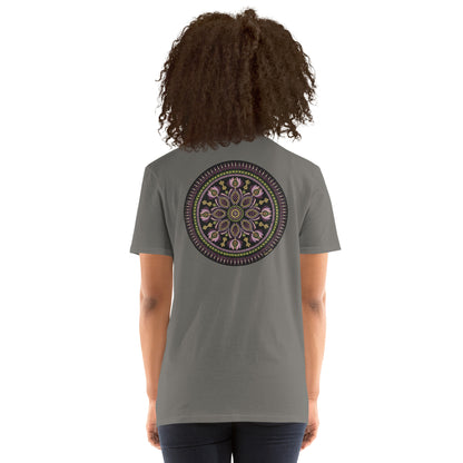 Unisex Softstyle T-Shirt (mandala with magenta rim on back | KINDNESS in black lettering on front)