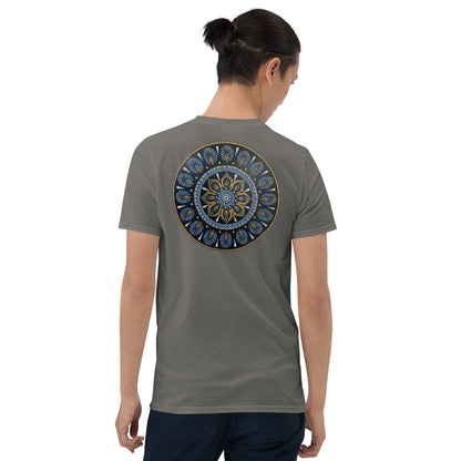Unisex Softstyle T-Shirt (mandala with gold rim on back | PROTECTION in black lettering on front)