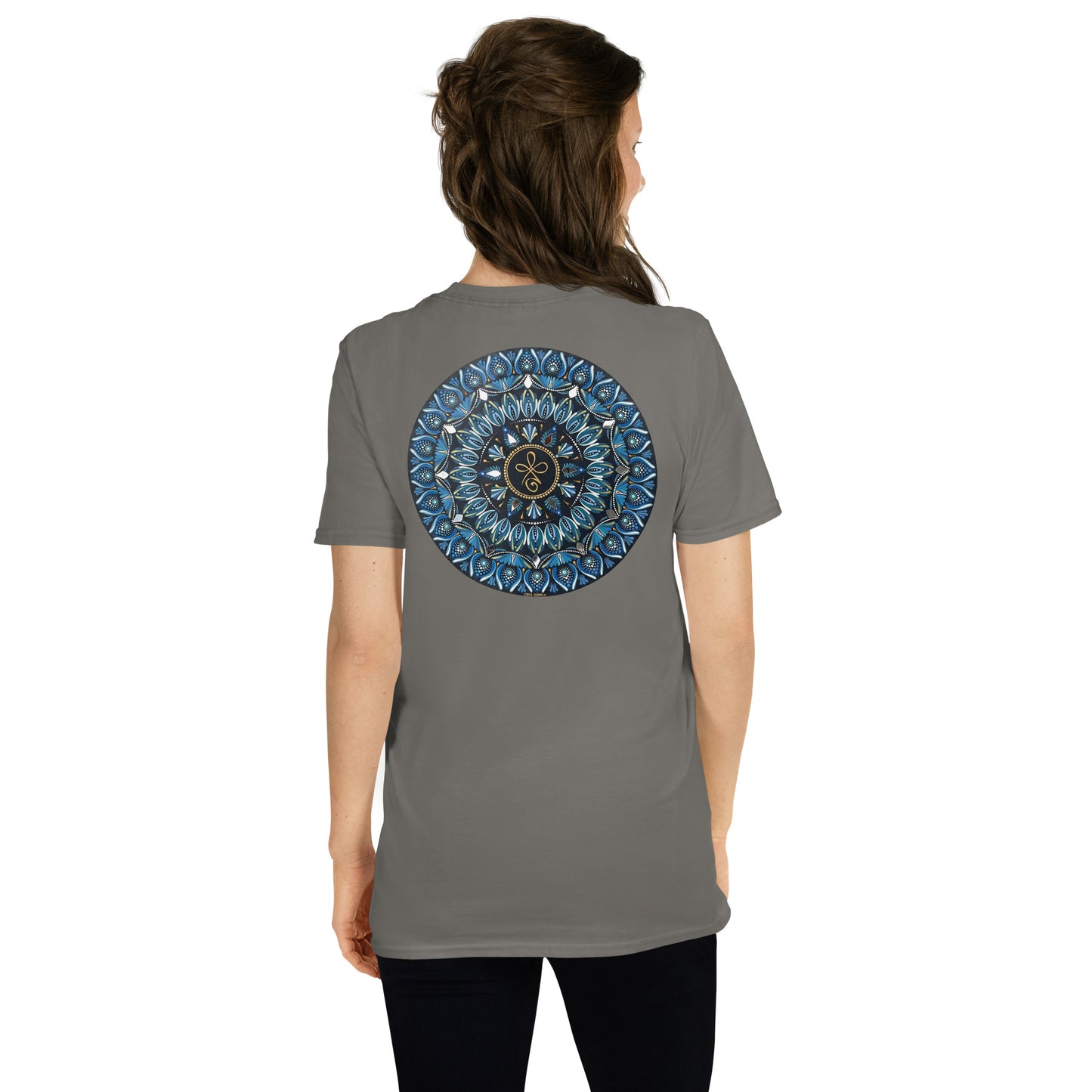Unisex Softstyle T-Shirt (mandala with 3 loops in core on back | FAMILY in black lettering on front)