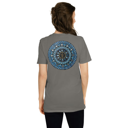 Unisex Softstyle T-Shirt (mandala with 3 loops in core on back | FAMILY in black lettering on front)