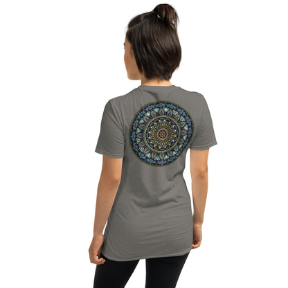 Unisex Softstyle T-Shirt (mandala green and gold rim on back | GRATITUDE in black lettering on front)