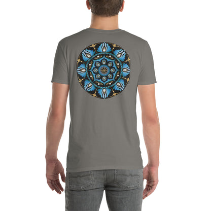 Unisex Softstyle T-Shirt (mandala with spokes in core on back | WISDOM in black lettering on front)