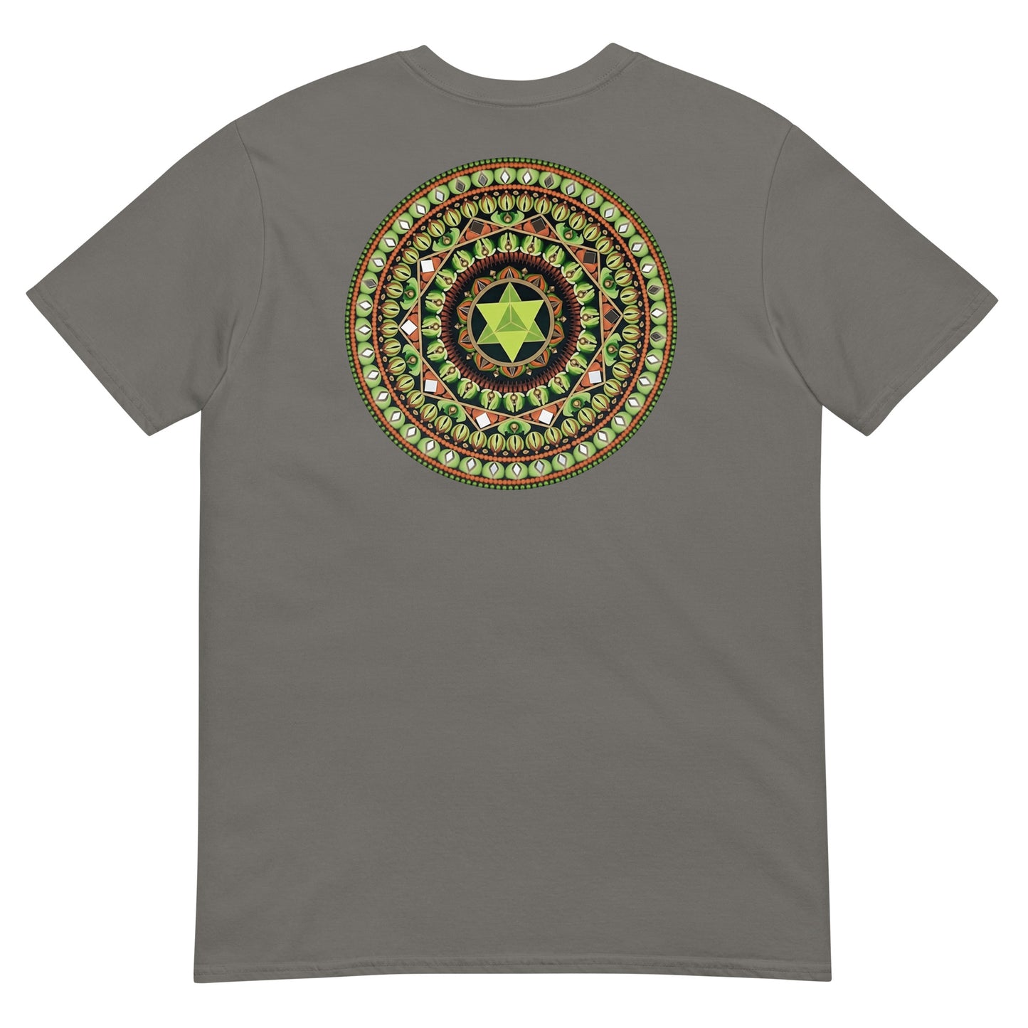 Unisex Softstyle T-Shirt (mandala with green star on back | HARMONY in black lettering on front)
