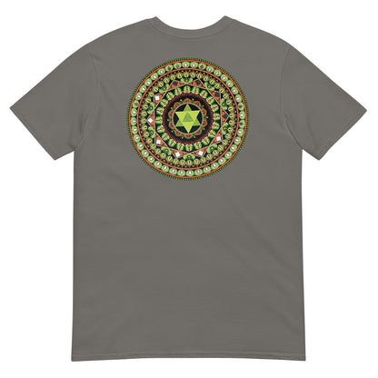 Unisex Softstyle T-Shirt (mandala with green star on back | HARMONY in black lettering on front)