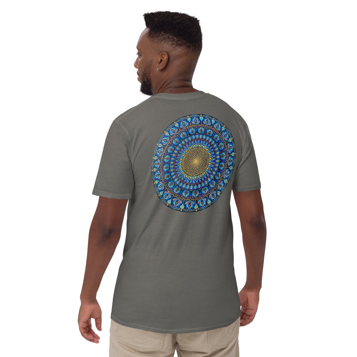 Unisex Softstyle T-Shirt (mandala with golden core on back | FLOW in black lettering on front)