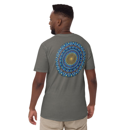 Unisex Softstyle T-Shirt (mandala with golden core on back | FLOW in black lettering on front)