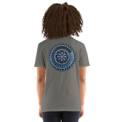 Unisex Softstyle T-Shirt (mandala with blue and white core on back | SERENITY in black lettering on front)