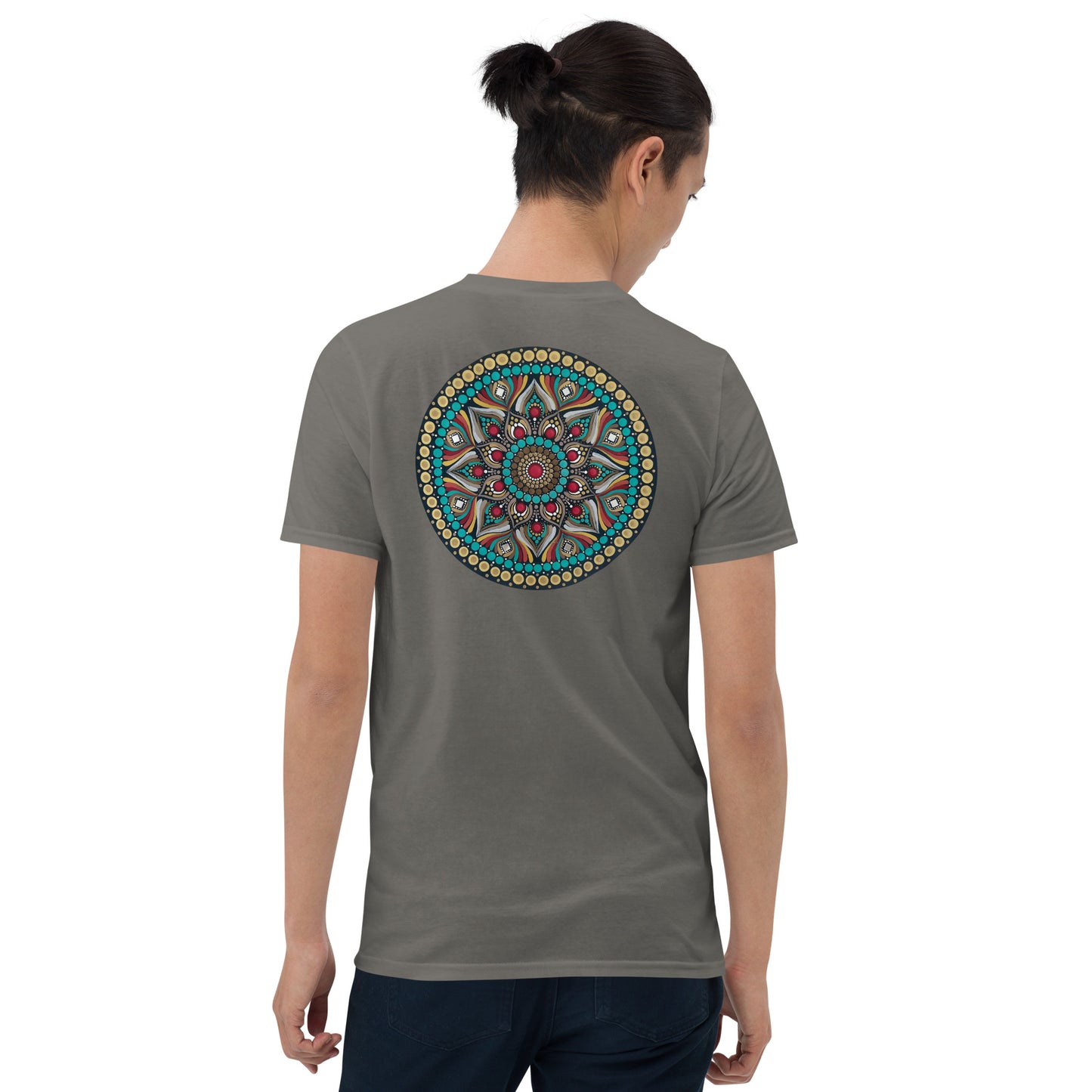 Unisex Softstyle T-Shirt (mandala with red core on back | PURPOSE in black lettering on front)