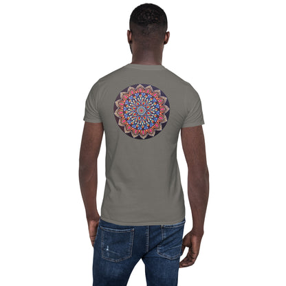 Unisex Softstyle T-Shirt (mandala with pink petals on back | VITALITY in black lettering on front)