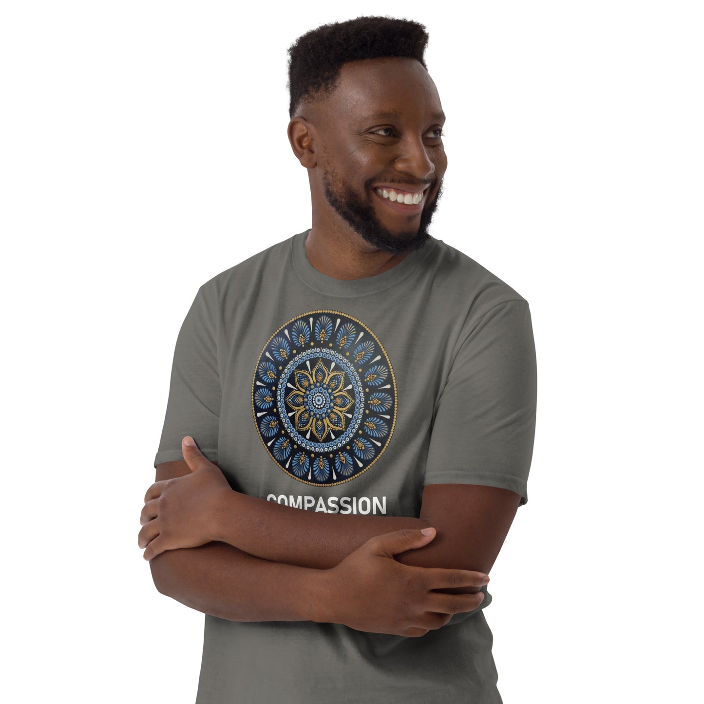 Unisex Softstyle T-Shirt (mandala with gold rim | on front | COMPASSION in white lettering)