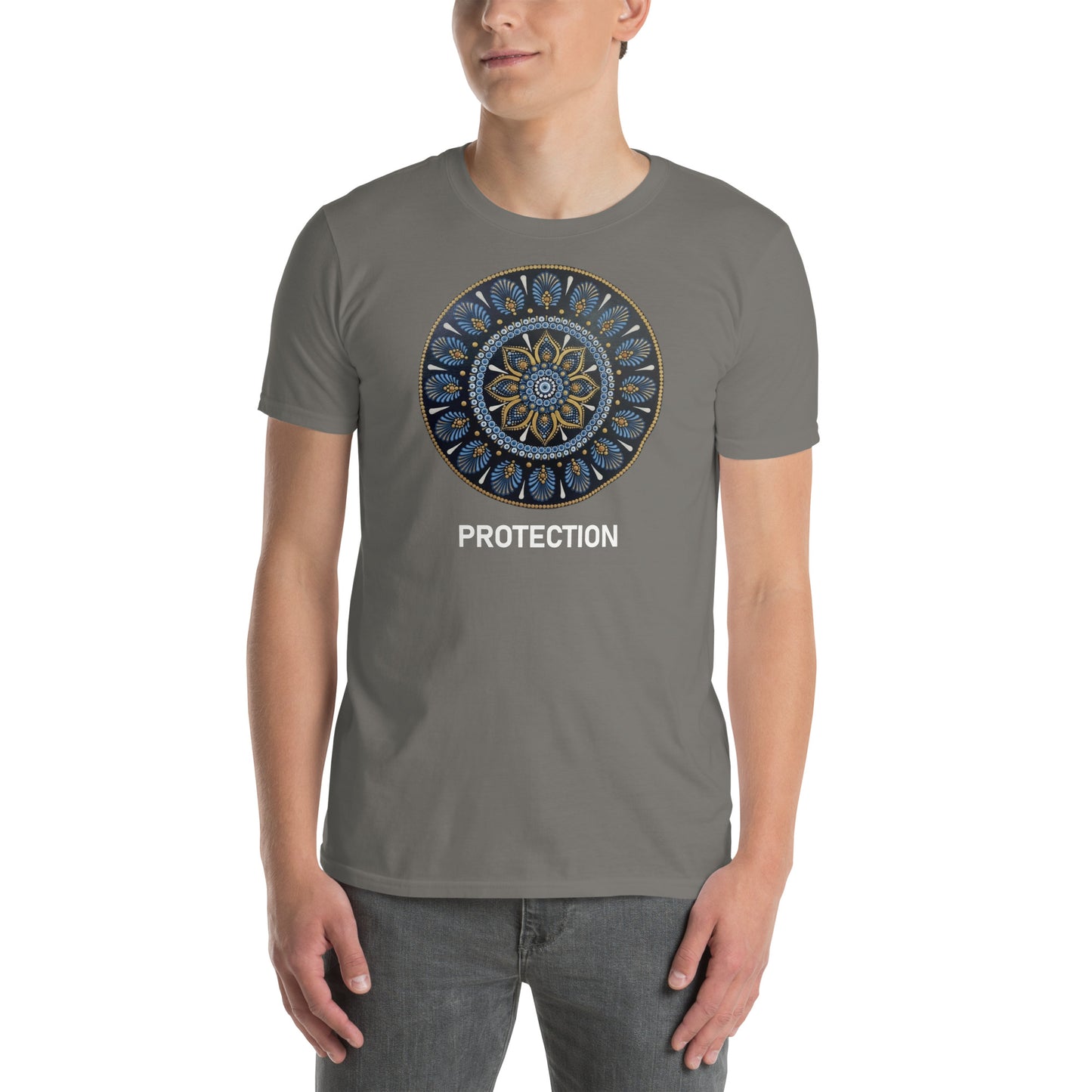 Unisex Softstyle T-Shirt (mandala with gold rim on front | PROTECTION in white lettering)
