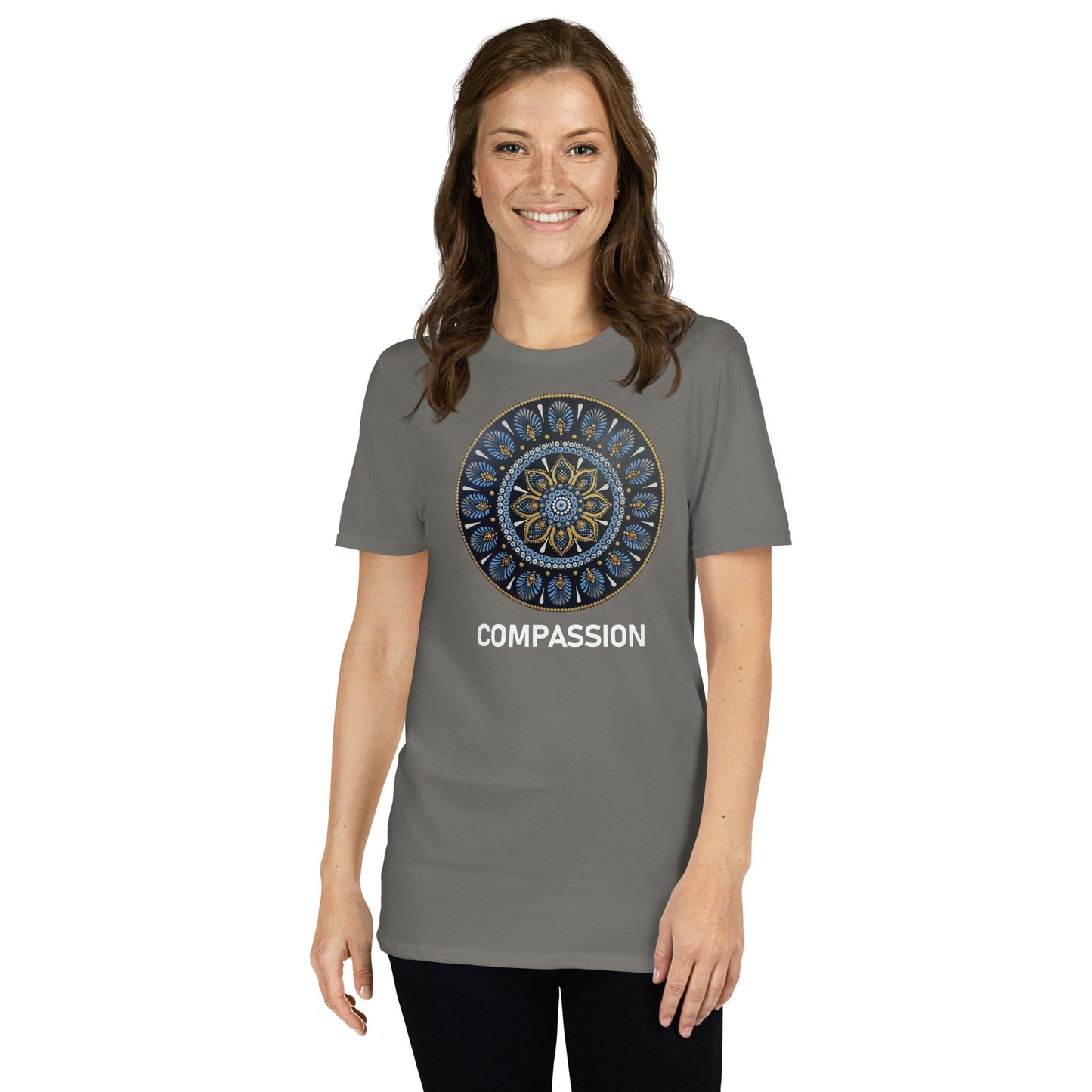 Unisex Softstyle T-Shirt (mandala with gold rim on front | COMPASSION in white lettering)