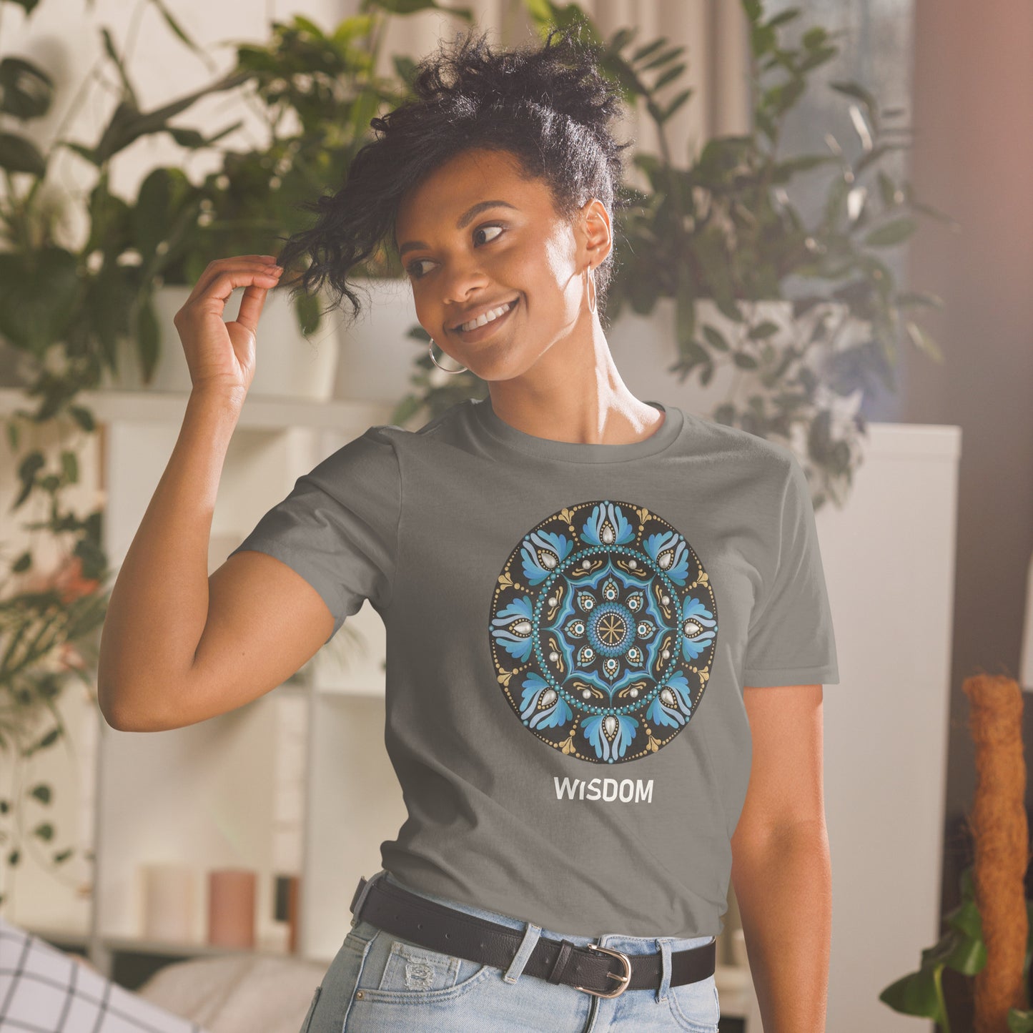 Unisex Softstyle T-Shirt (mandala with spokes in core on front | WISDOM in white lettering)