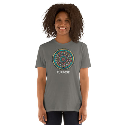 Unisex Softstyle T-Shirt (mandala with red core on front | PURPOSE in white lettering)