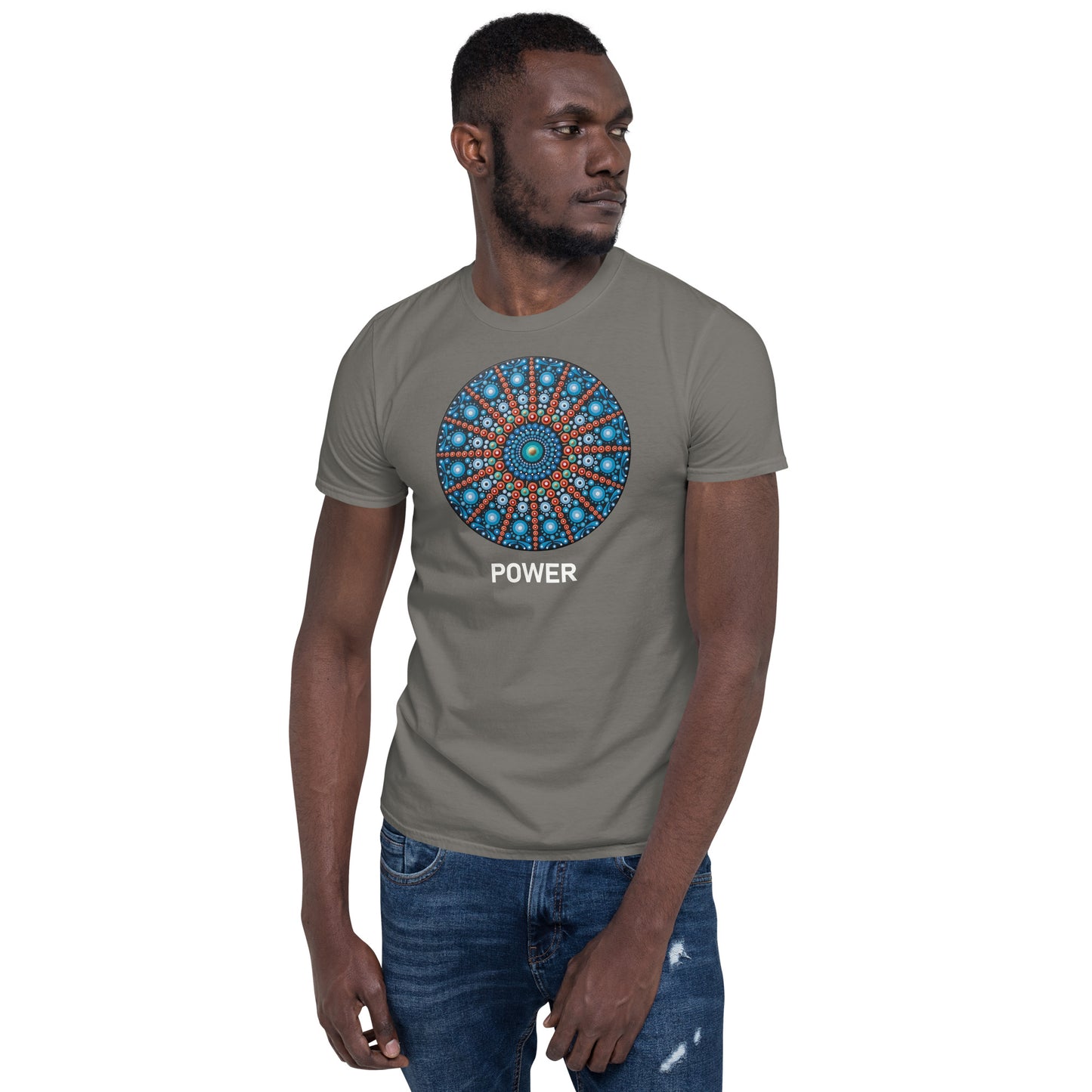 Unisex Softstyle T-Shirt (mandala with red lines | on front | POWER in white lettering)
