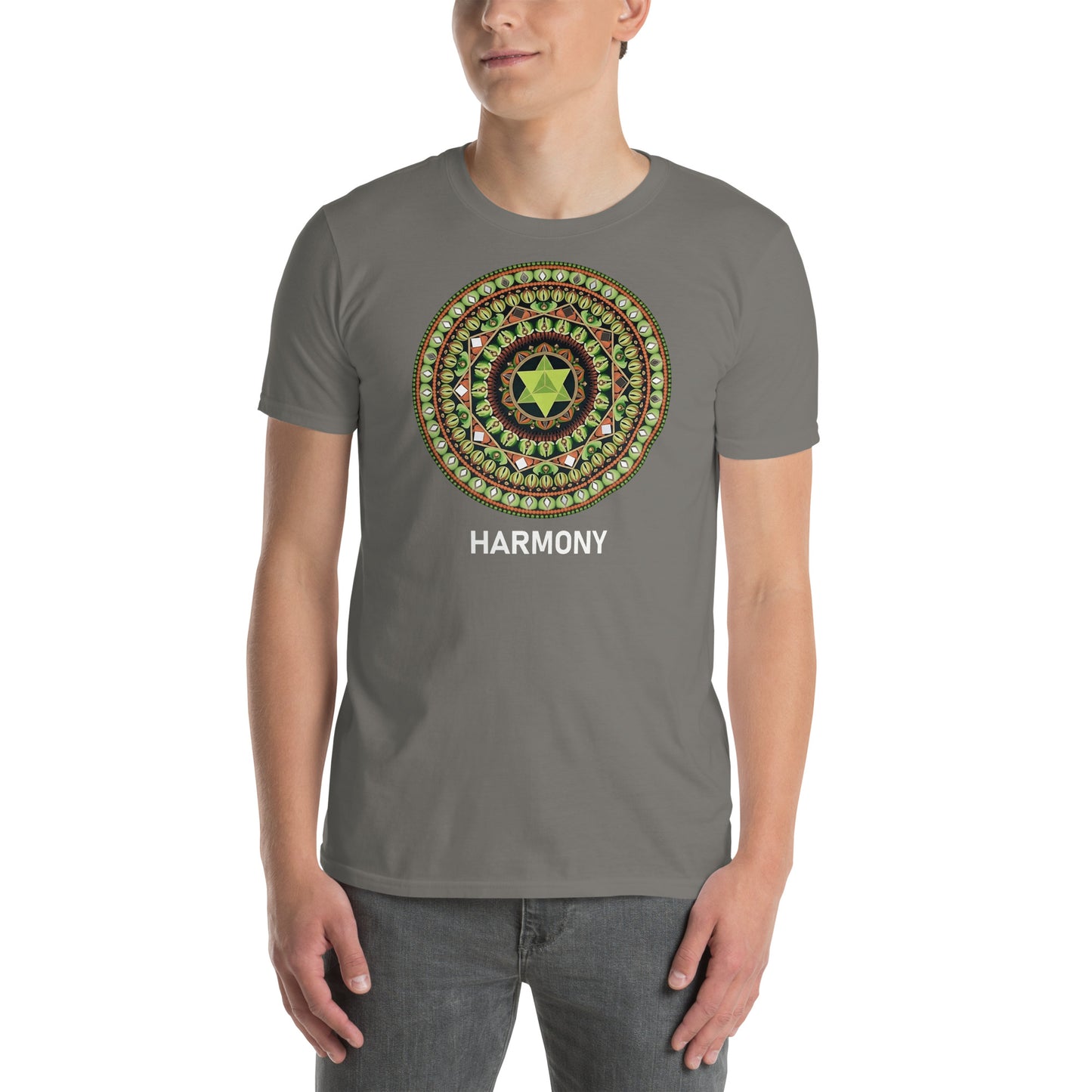 Unisex Softstyle T-Shirt (mandala with green star | on front | HARMONY in white lettering)